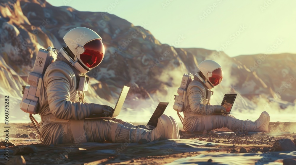 Wall mural astronauts with laptops on mars generative ai