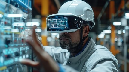 Engineer using a AR goggles designing a dashboard in a control room. Generative AI.