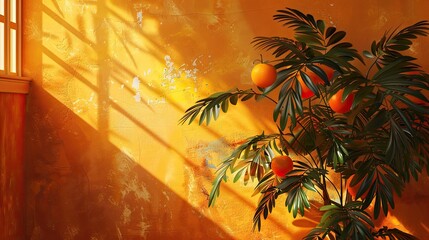 3D of a Vibrant Tropical Fruit Tree Basking in the Warm Hues of a Pacific Sunset - obrazy, fototapety, plakaty