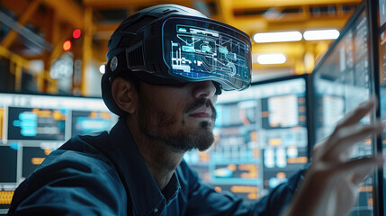 Engineer using a AR goggles designing a dashboard in a control room. Generative AI. - 760775291