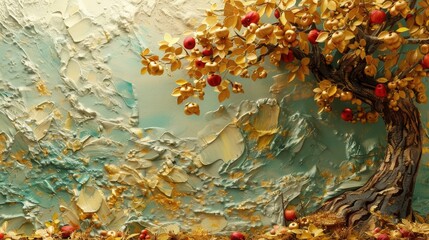 Golden Apple Tree Blooms Amidst Light Blue Sky in Van Gogh-Inspired 3D Textured Painting
