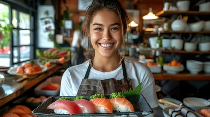 Woman wearing gloves holding a sashimi tray in both hands with a smiling face. She is standing at the kitchen. Generative AI. - obrazy, fototapety, plakaty