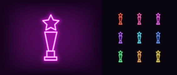 Outline neon award statue icon set. Glowing neon statue with star. Awarding statuette, film and music award, academy reward, giving ceremony, winner trophy and prize nomination. Vector icon set