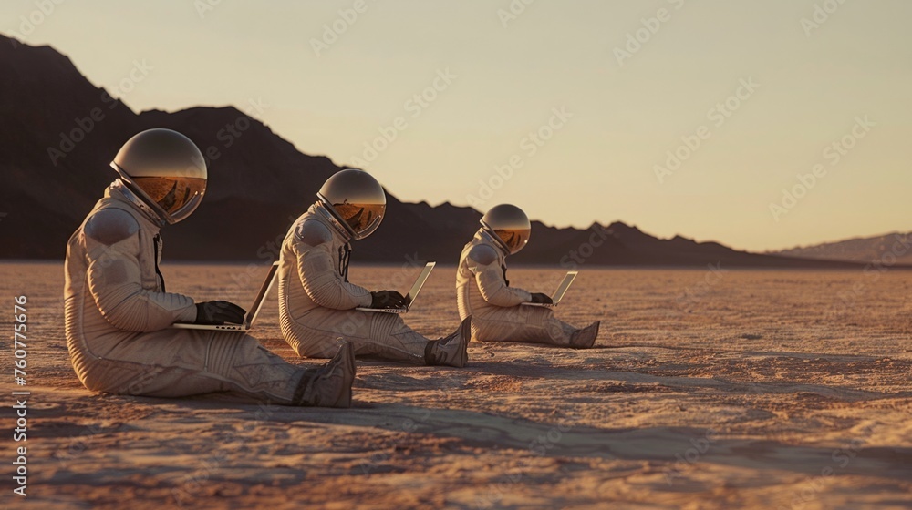 Wall mural astronauts with laptops on mars generative ai