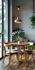 Fototapeta premium Interior design with wooden round table and chairs. Modern dining room with white wall.