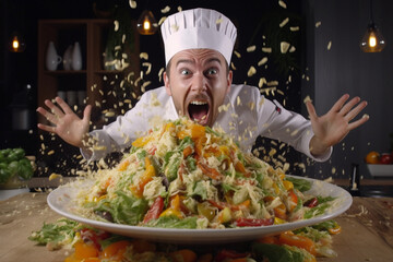 Crazy cheerful chef makes and prepares salad. AI generated.