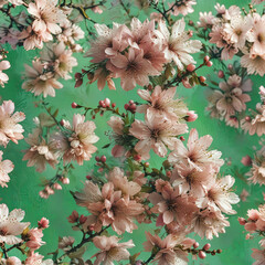 Cherry Blossom Vintage Floral Engravings on Green Background Gen AI