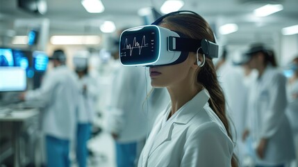 Fototapeta na wymiar A female doctor wearing a VR headset with a heart rate monitor with holograms. there are other doctors on the background. Generative AI.