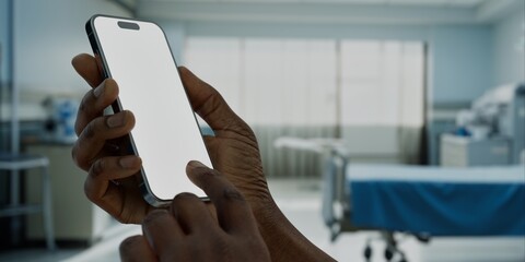 Black African-American male using smartphone with a blank screen in hospital - 760776059