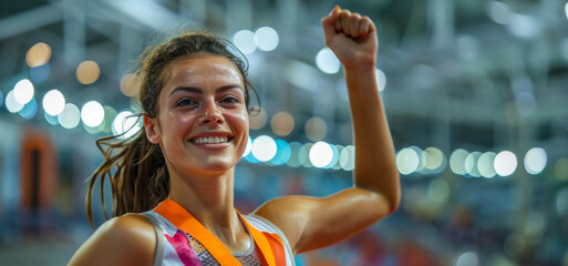 Female athlete celebrating win with a fist pump