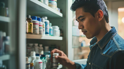 Man is closely examining a medicine bottle he is holding, standing in front of a medicine cabinet filled with various bottles and containers. - obrazy, fototapety, plakaty