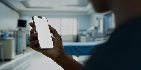 Black African-American male using smartphone with a blank screen in hospital
