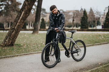 A contemplative male business entrepreneur takes a break in the park with his bicycle, dressed in a stylish leather jacket.