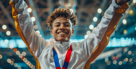 Young athlete celebrating victory at a sports event