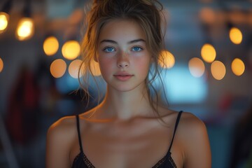 A mesmerizing young woman's portrait captured amidst the captivating play of ambient light