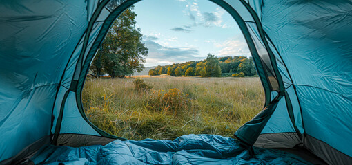 Morning view from inside a tent in a peaceful meadow