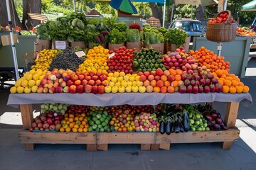 A colorful farmer's market display with fresh fruits and vegetables Ideal for organic food brands Healthy eating campaigns Or local agriculture support.