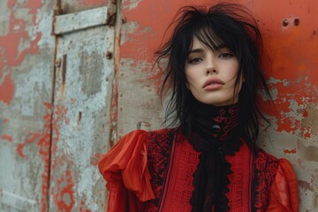 An edgy young woman with dramatic makeup and a windswept look poses against a grungy orange backdrop