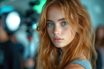 Stunning young woman with blue eyes and flowing auburn hair in a natural light setting - obrazy, fototapety, plakaty