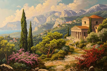 Fototapeta premium Picturesque Ancient greece landscape. Temple art. Generate Ai