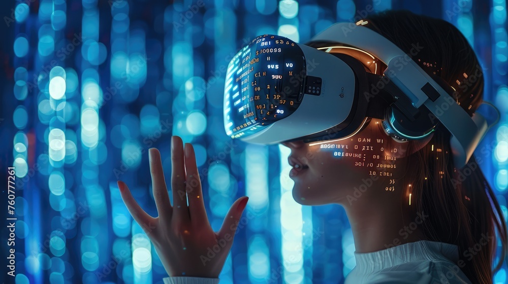 Fototapete Woman wearing virtual reality headset, interacting with a 3D encryption algorithm in cyberspace. Generative AI.