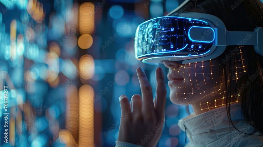Leinwandbilder woman wearing virtual reality headset, interacting with a 3d encryption algorithm in cyberspace. gen
