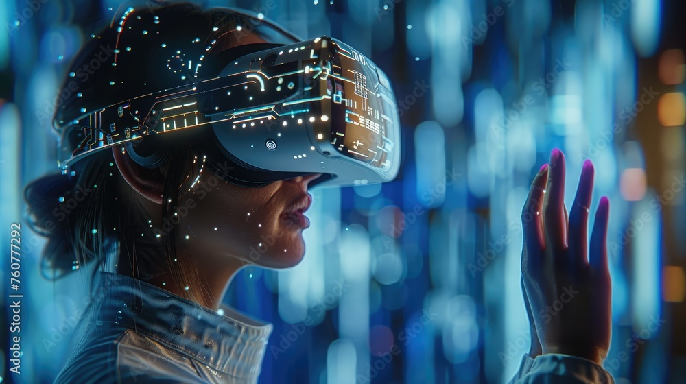 Leinwandbilder woman wearing virtual reality headset, interacting with a 3d encryption algorithm in cyberspace. gen