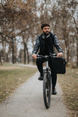 Fototapeta premium Confident entrepreneur rides bike, carries briefcase in urban park, working outdoors with trees in background.