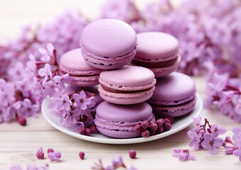 Obraz na płótnie Canvas macaroons on a plate among spring lilac flowers, delicate pastel tones