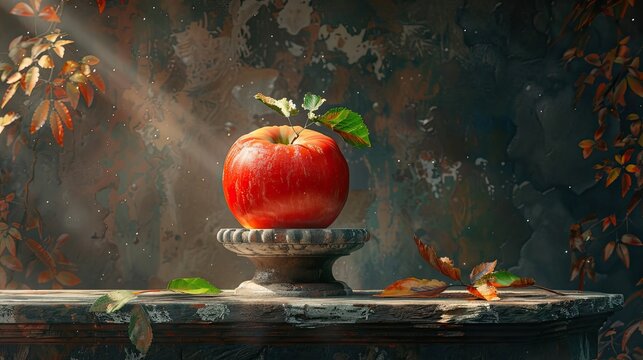 Ripe Apple Adorns Vintage Pedestal Amidst Autumn Leaves and Abstract Painting in High Photography