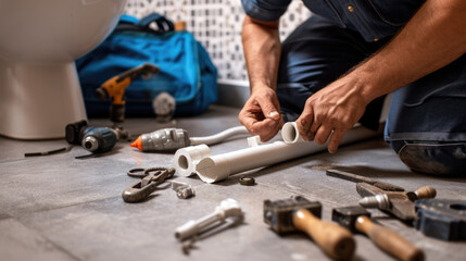 Plumber at work, fitting pipes on a bathroom floor with various plumbing tools