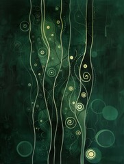 Circular green and white shapes prominently contrast against a deep black backdrop in this abstract painting