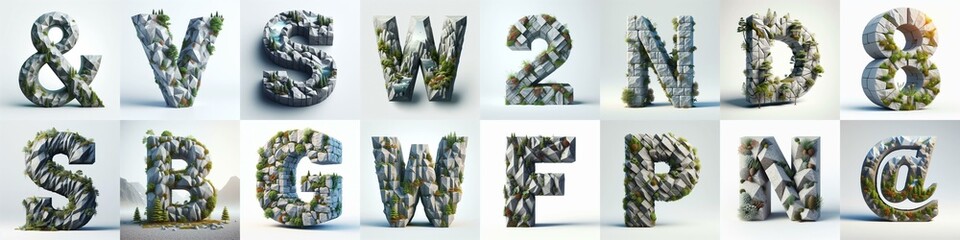 Granite polygonal 3D Lettering Typeface. AI generated illustration - obrazy, fototapety, plakaty