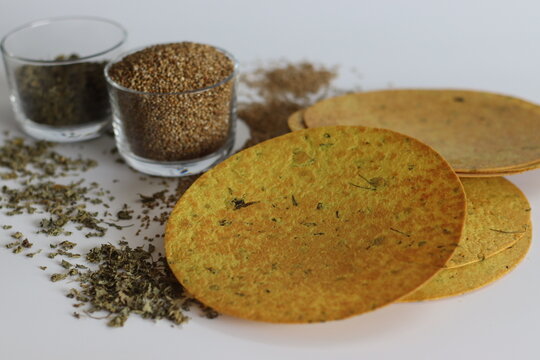 Crunchy Bajra Methi Khakhara or Roasted millet fenugreek leaves crisps
