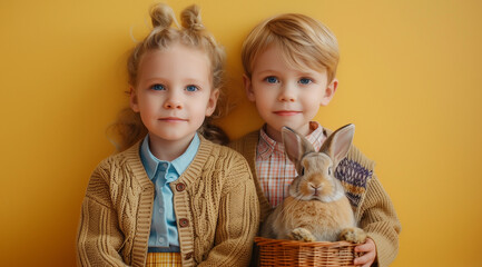 Creative Easter celebration concept. Vintage Easter, boy  and girl with a rabbit on a yellow background 