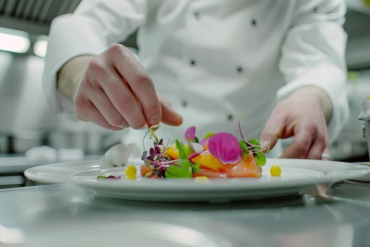 A gourmet chef preparing a colorful and intricate dish in a professional kitchen Focusing on the artistic presentation on a white plate.