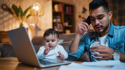 Young man multitasking at home; he is holding a baby with one hand and examining papers with the other while talking on the phone.