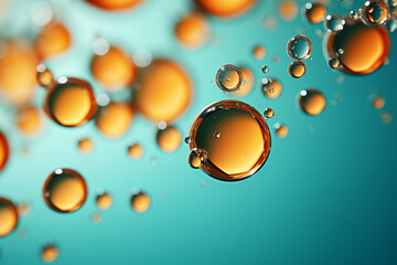 Oil bubbles in water on blue background. 3d illustration. Macro