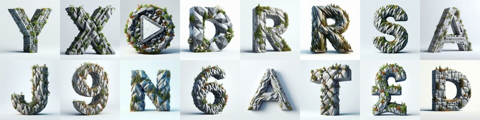 Granite polygonal 3D Lettering Typeface. AI generated illustration