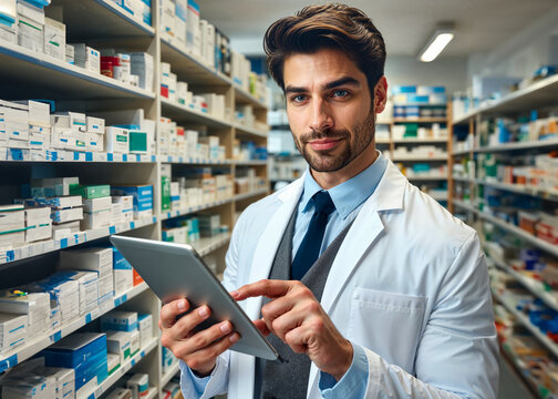 A handsome, professional male pharmacist checks the availability of a digital tablet computer. image taken with a cinema camera