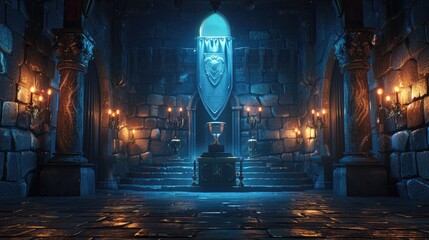 Fantasy Game Throne Room: Ornate Crystal Shield Glowing Blue in Dimly Lit Castle Hall