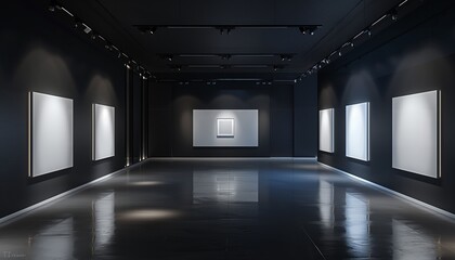 Sophisticated Dark-Themed Art Gallery Interior with Strategic Spotlighting on Empty Canvases. 
