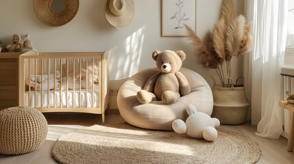 Interior of children's room with comfortable armchair and toy bear - obrazy, fototapety, plakaty