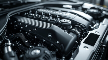 Fototapeta premium Closeup of an open car engine hood showcasing automotive design and engineering