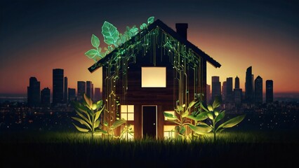 wooden house silhouette illustration of glowing plant growing on representing digital ecology business