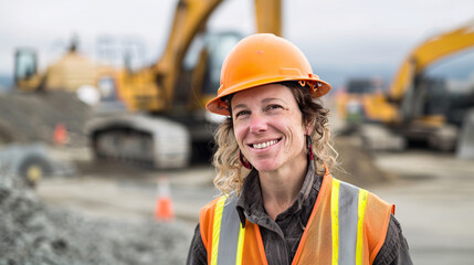 A woman, wearing a construction hard hat and work vest, is smirking on a construction site, middle-aged or older.