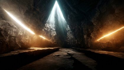 Dark 3d rendered rock empty room with cinematic warm light