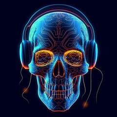 Neon digital skull in headphones background. Blue skeleton head with wires and earphone futuristic danger with metal techno implants