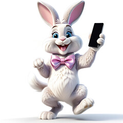 Fototapeta na wymiar Arte 3d de coelho branco segurando telefone enquanto sorri. Coelhinho da páscoa com celular na mão.