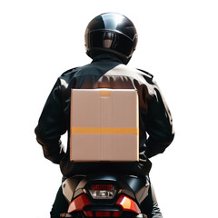 Entregador numa moto visto de costas entregando uma caixa de papelão. Motoboy de costa na moto fazendo uma entrega.